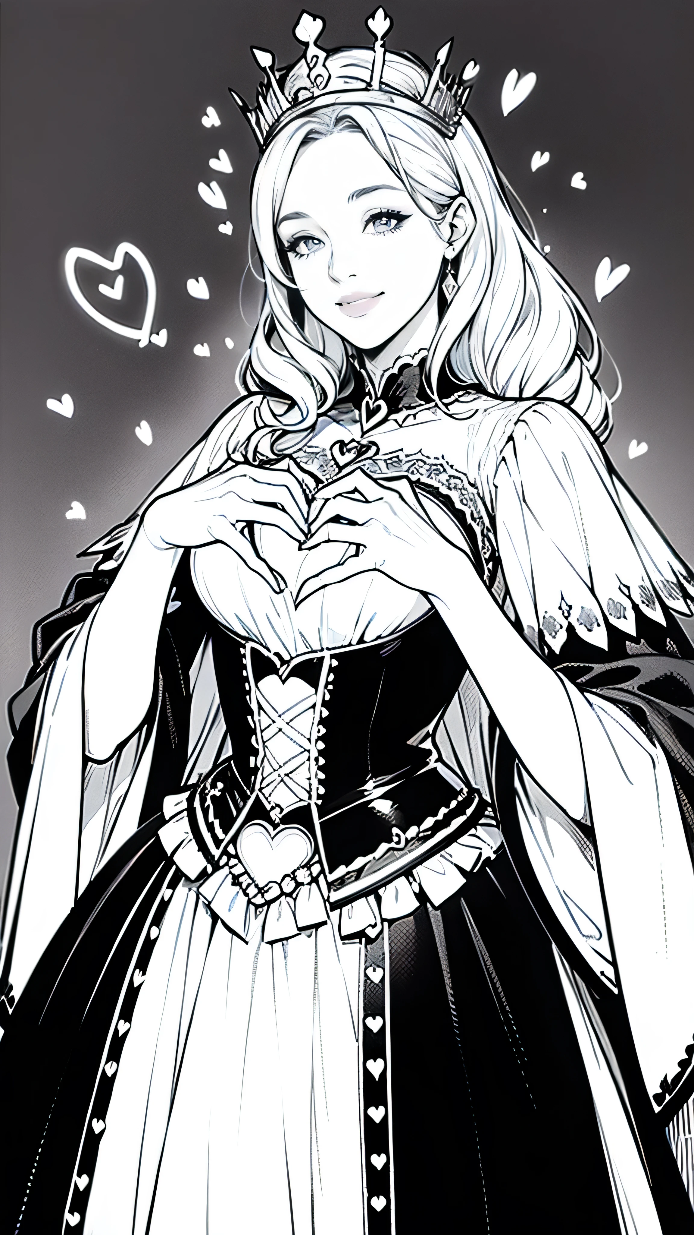 (masterpiece:1.2, Highest quality),(Line art),(Monochrome),(Very detailed),8K,wallpaper,1 female,Cute face,smile,((queen)),((betterhand)),Random hairstyle,Random pose,Beautiful female hands,((lineart, monochrome)),BREAK(((queen))),(((heart hands))),((a girl in gothic queen costume standing))