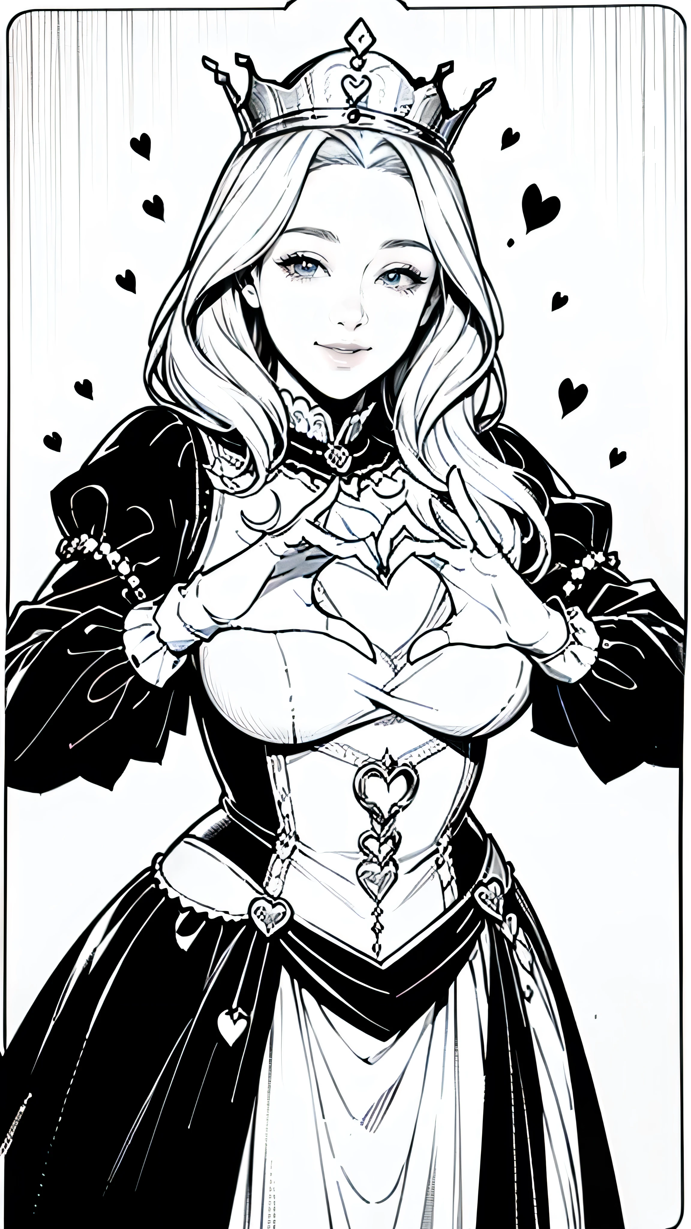 (masterpiece:1.2, Highest quality),(Line art),(Monochrome),(Very detailed),8K,wallpaper,1 female,Cute face,smile,((queen)),((betterhand)),Random hairstyle,Random pose,Beautiful female hands,((lineart, monochrome)),BREAK(((queen))),(((heart hands))),((a girl in gothic queen costume standing))