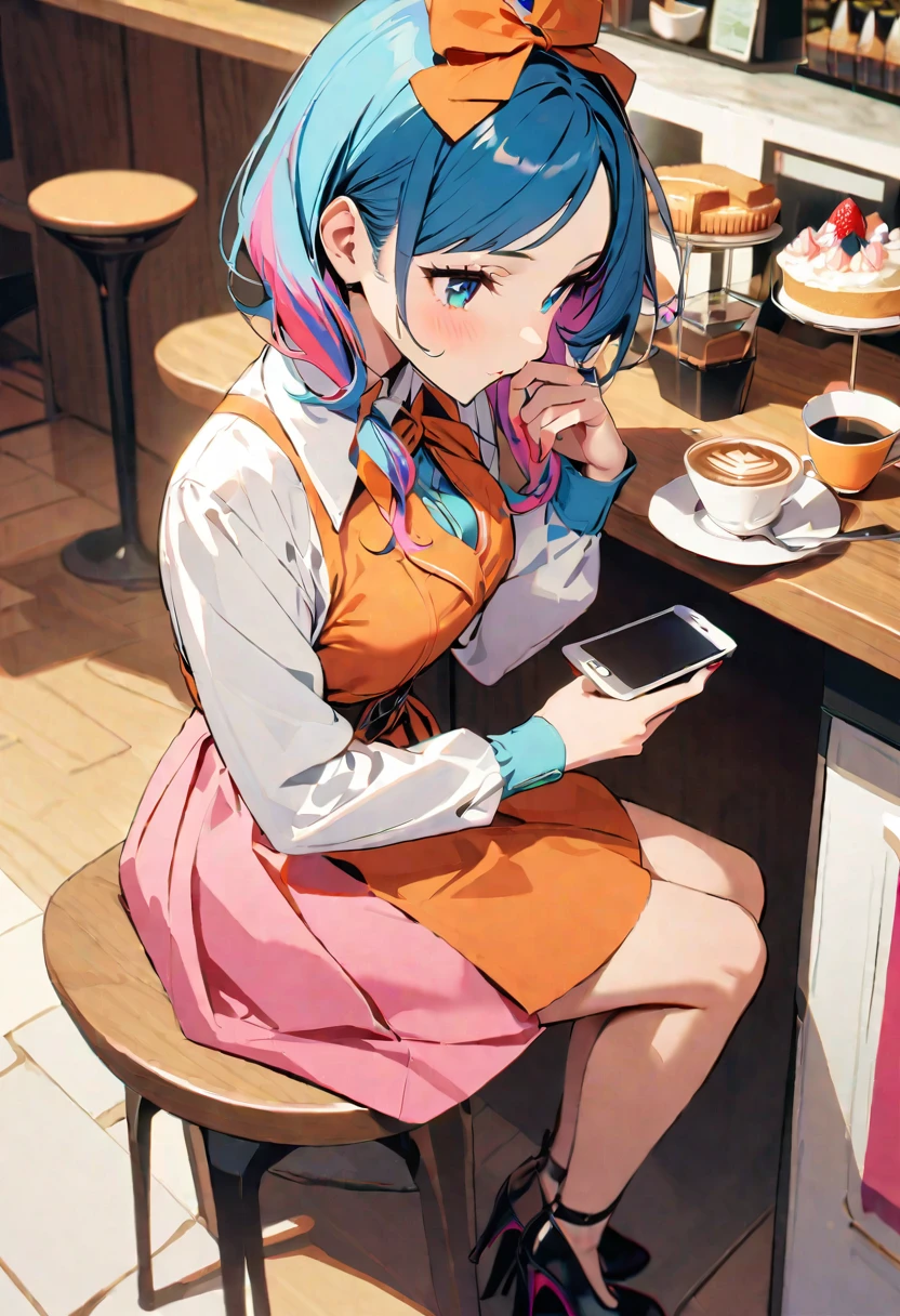 One girl,Drink coffee, Multicolored Hair, Shoulder-length hair, Retro costumes, colorful、High heels, Sideways glance, Sitting, Hyper Pop, Cafe,cake、 Retro feel, overview, masterpiece, Highest quality,