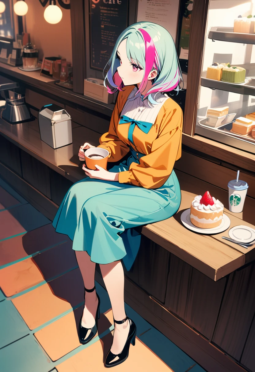 One girl,Drink coffee, Multicolored Hair, Shoulder-length hair, Retro costumes, colorful、High heels, Sideways glance, Sitting, Hyper Pop, Cafe,cake、 Retro feel, overview, masterpiece, Highest quality,