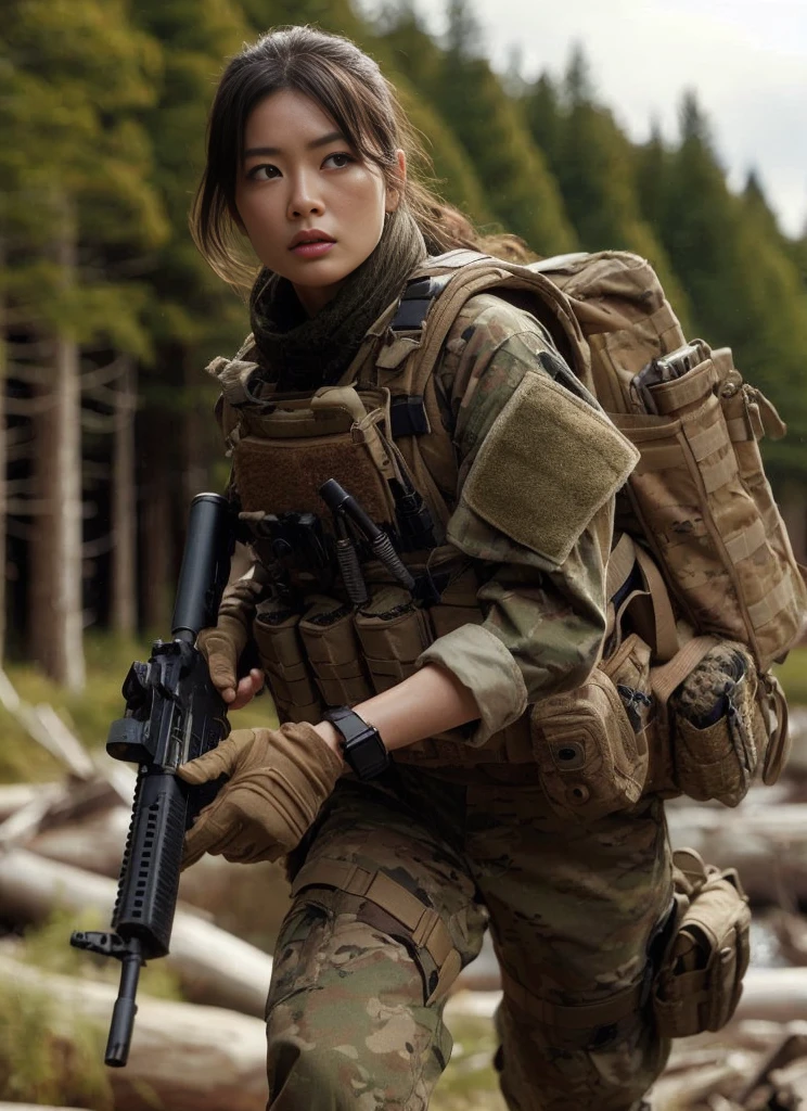 realistic military photo, 1 japanese woman in special forces, running through coniferous forest, engaged in gunfight, wearing full tactical gear, detailed equipment and accessories, bulletproof vest, wristwatch, military pants, realistic skin textures, hyperrealism, 8k, cinematic lighting, high action, giving orders, dynamic pose、