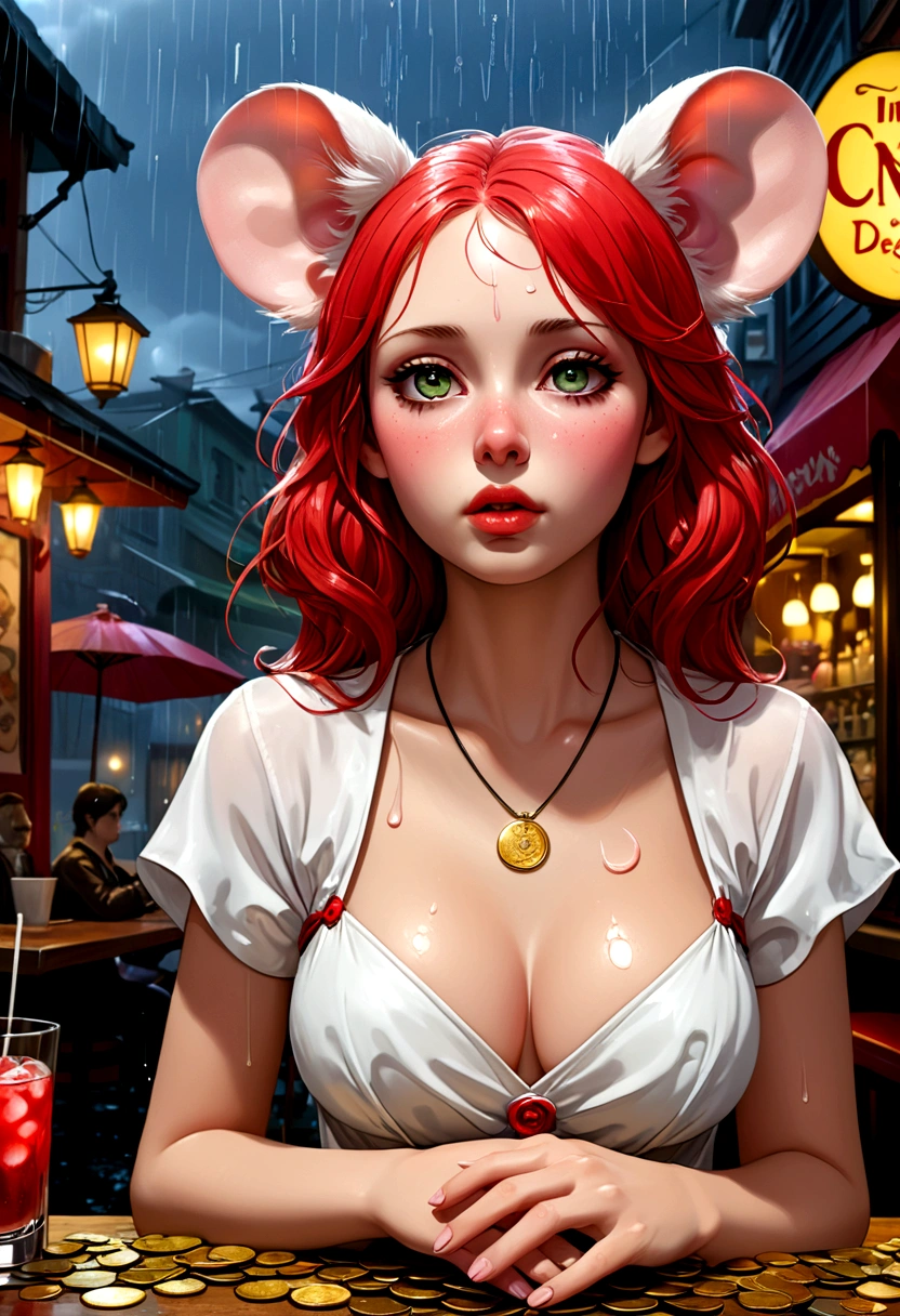 Mucha style , Hallucination, daydream , nightmare , Insane Dream , bokeh , , realistic female mouse , round face , moist eyes , glossy lips , (Cleavag realistic long nose , cafe de oni , Coins, Rubber Bands, and a Reversal of Innocent , Lost Dog and Beat of the Rain , A bad dream of dolls lined up , As God Says , In order to become an angel, I was secretly kind to everyone every day , Coin disappearing magic gesture , Bar, Cocktails