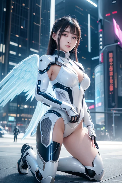 A girl with huge breasts posing inside a near-future space factory, an artwork by an artist who specializes in beauty with an infinite amount of exposed skin, an anime-fused cyberpunk girl, and a girl wearing mechanical gimmick armor. , perfect anime cyborg woman, super detailed masterpiece, beautiful girl cyborg, beautiful cyborg angel girl, 8k, digital cyberpunk art,