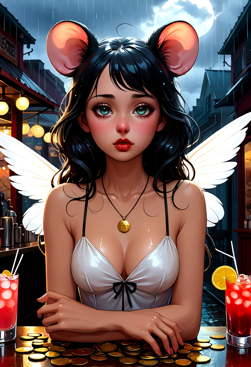 Mucha style , Hallucination, daydream , nightmare , Insane Dream , bokeh , erotica , realistic female mouse , round face , moist eyes , glossy lips , (Cleavage:0.9) , realistic long nose , cafe de oni , Coins, Rubber Bands, and a Reversal of Innocent , Lost Dog and Beat of the Rain , A bad dream of dolls lined up , As God Says , In order to become an angel, I was secretly kind to everyone every day , Coin disappearing magic gesture , Bar, Cocktails