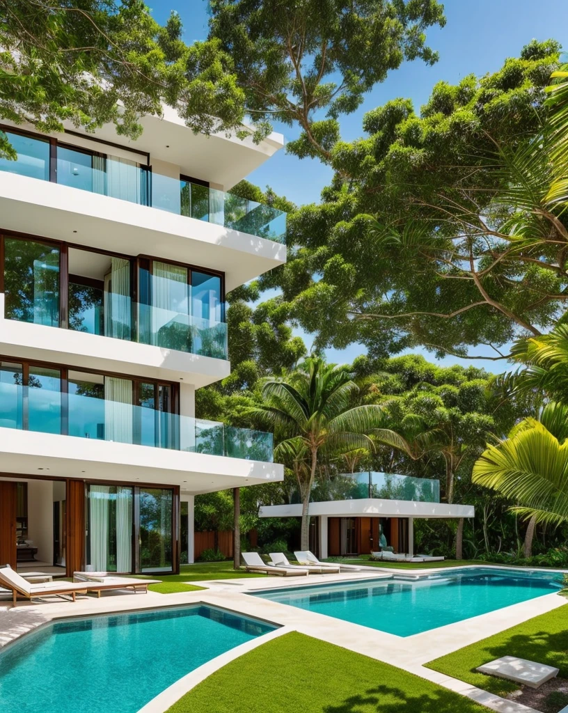 the exquisite beauty of modern style house with nature, realistic, professional, vivid colors, soft lighting, landscapes, detailed trees, colorful garden, beach, gentle breeze,  vibrant hues, natural tranquility, lush greenery, yard, pool, 
