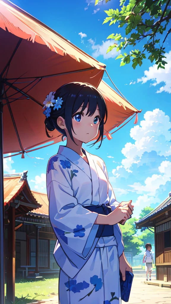 Summer kids、Summer festival、yukata、blue sky