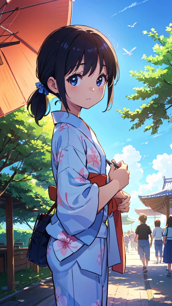 Summer kids、Summer festival、yukata、blue sky