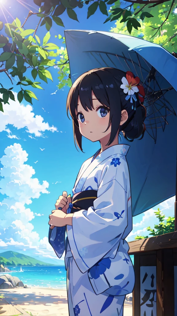 Summer kids、Summer festival、yukata、blue sky