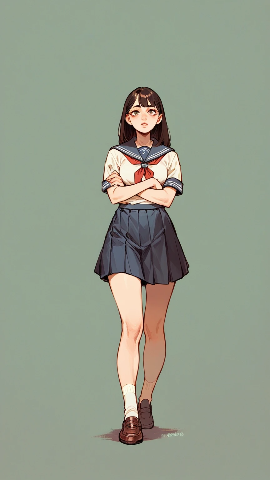 1girl, High School Uniforms, green background
