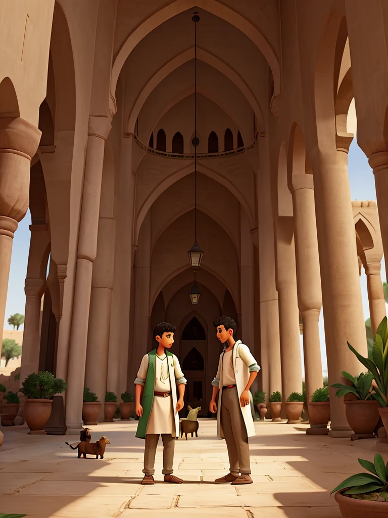 illustration of 2 young men in Muslim clothes herding goats, cows and camels in a mosque courtyard that is lush with plants