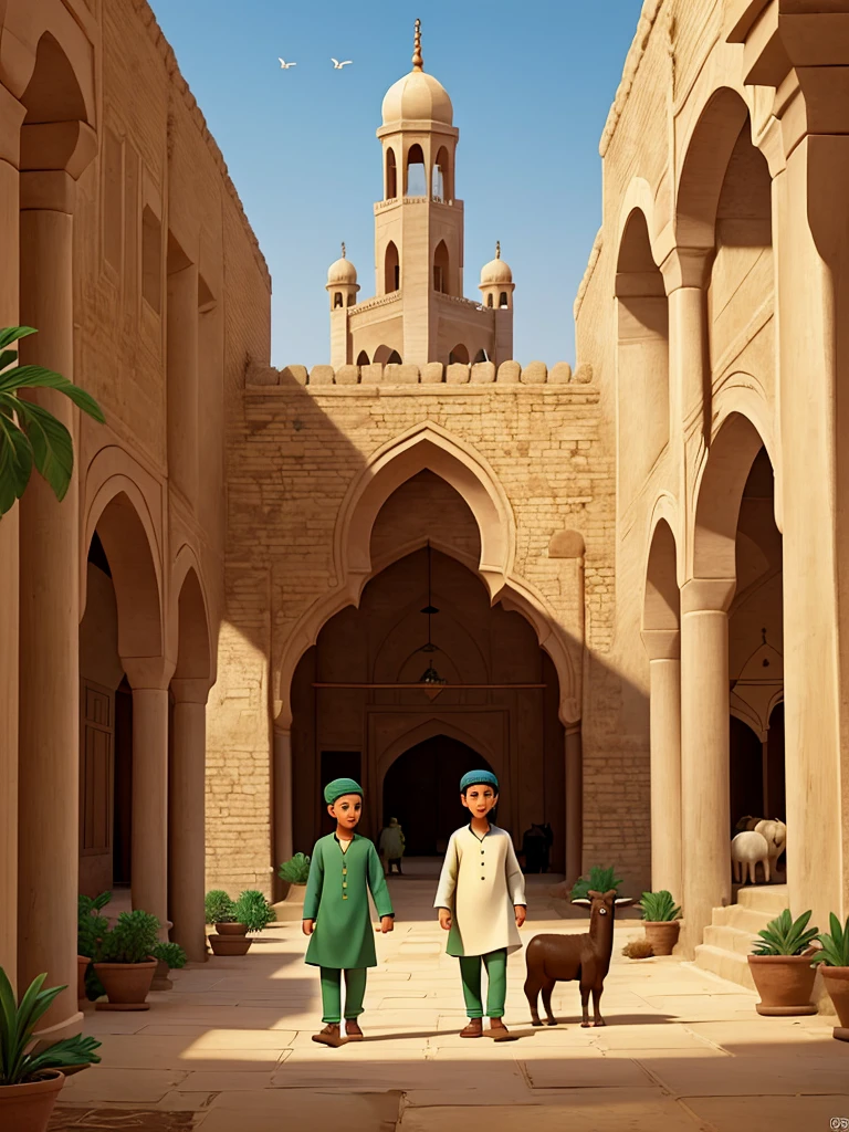 illustration of 2 young men in Muslim clothes herding goats, cows and camels in a mosque courtyard that is lush with plants