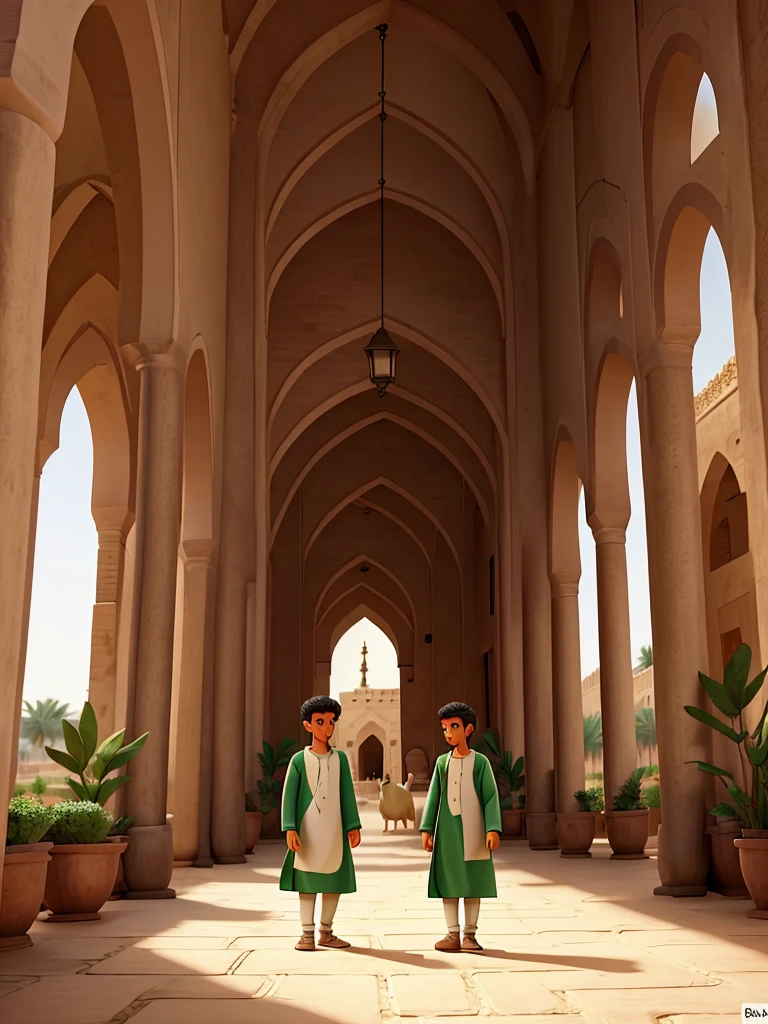 illustration of 2 young men in Muslim clothes herding goats, cows and camels in a mosque courtyard that is lush with plants