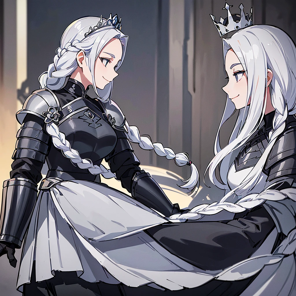 (((Solo)))、Highest quality, Best Quality、middle ages、(((Gray simple armor、Black trousers))、(Mature Woman、Mother、40 years old)、(White Hair、Middle Reason、Does not touch the forehead、Dumpling、Braid)、(smile)、(princess、Queen of the West)、(Gorgeous dress)、tiara、(From the side、profile)