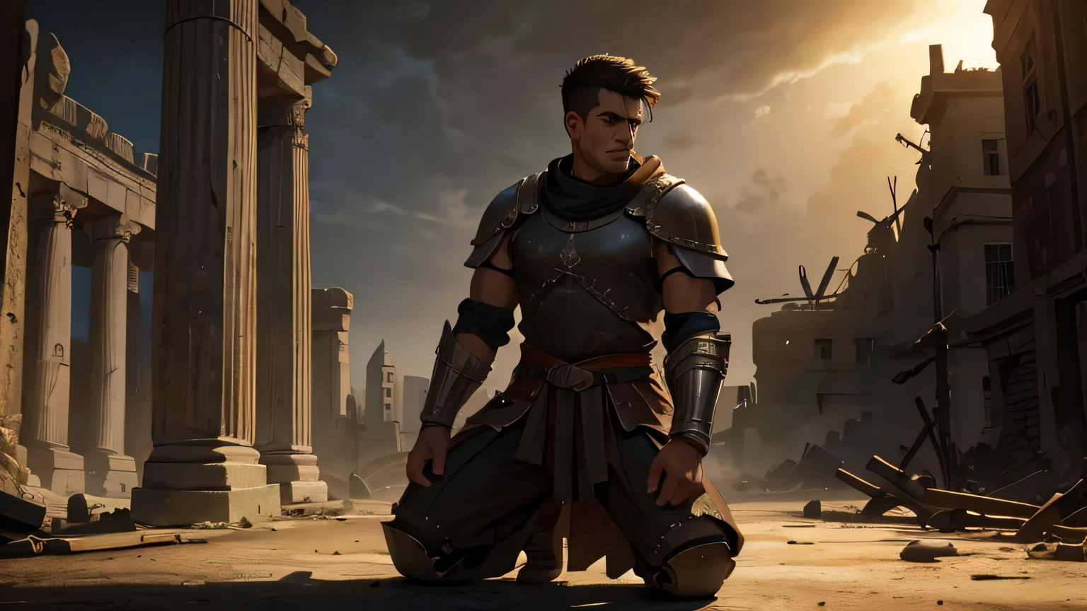 a kneeling roman warrior in an ancient destroyed and dark city of 1st century ad, a large cross in the background, dramatic lighting, intricate details, cinematic composition, highly realistic, photorealistic, extremely detailed, 8k, best quality, chiaroscuro lighting, gritty, moody, dramatic, medieval, historical, fantasy, dramatic shadows, dramatic lighting, moody atmosphere, atmospheric, epic