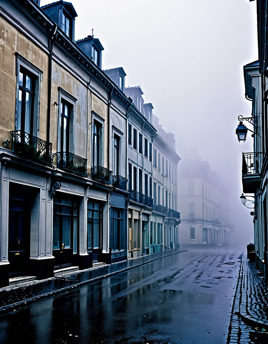 Rue avec des batiments residentiel et des batiment commercial dans un decor eneiger avec un brouillard epais qui donne à la scene une ambiance mysterieuse [Mysterious], [Sinistre], [too developed], [decomposition], [Sorry], [haunted], [Beau], [dystopique], [Sinistre]