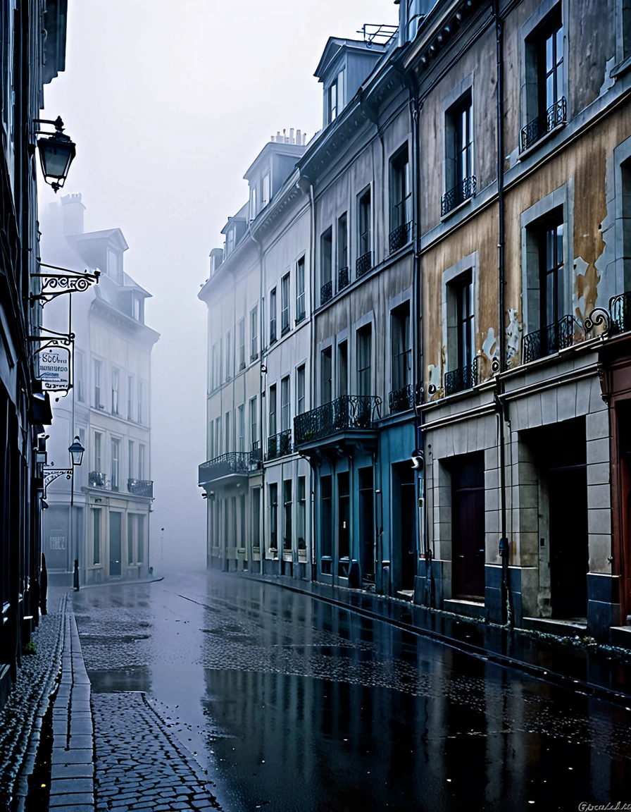 Rue avec des batiments residentiel et des batiment commercial dans un decor eneiger avec un brouillard epais qui donne à la scene une ambiance mysterieuse [Mysterious], [Sinistre], [too developed], [decomposition], [Sorry], [haunted], [Beau], [dystopique], [Sinistre]