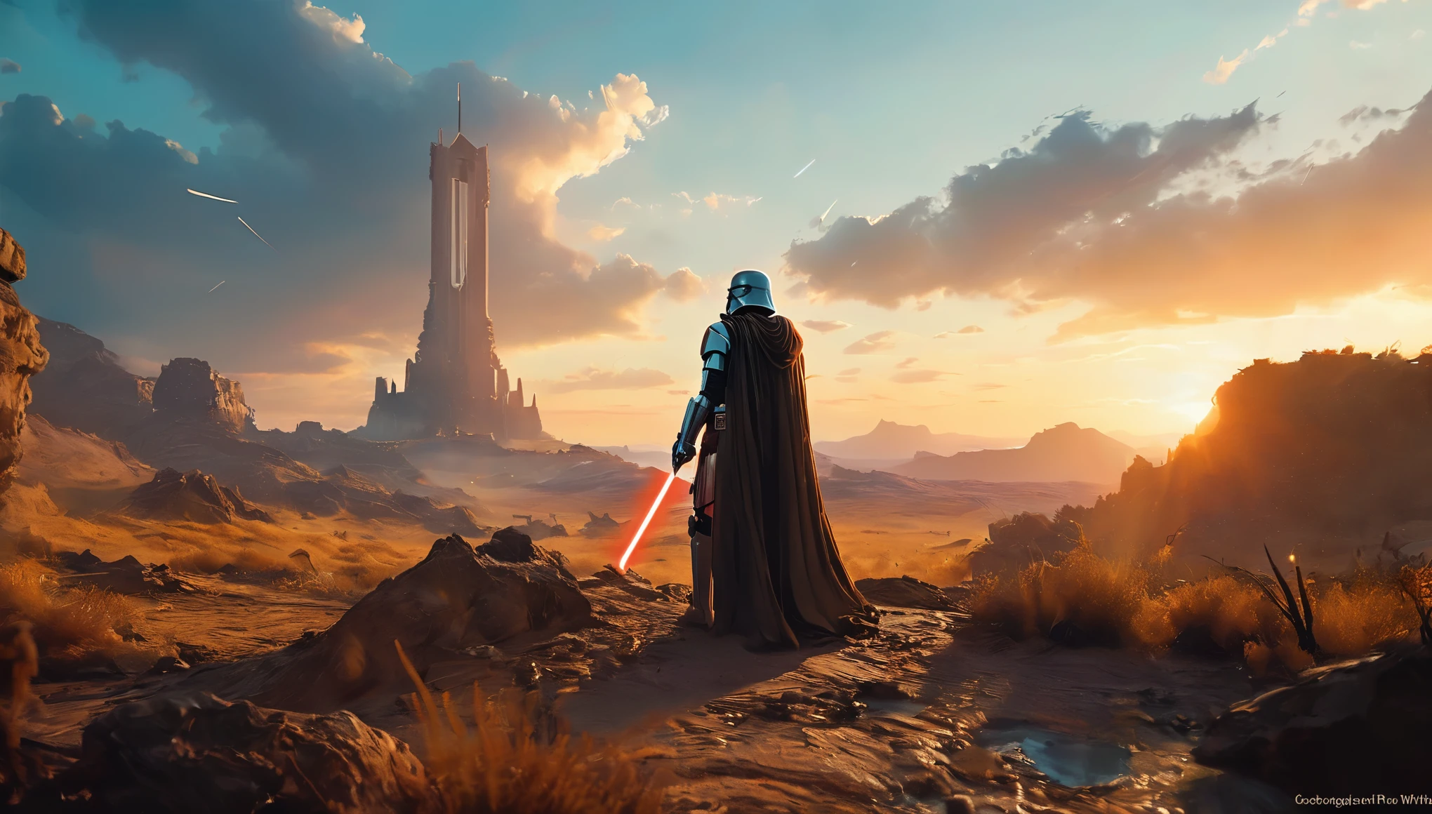 View a vast desert landscape bathed in golden twilight, evoking the iconic Star Wars look. No centro da cena, a Jedi in a flowing cape stands silhouetted against the orange sky, your glowing blue lightsaber in your hand, pronto para enfrentar qualquer desafio. The ruins of an ancient civilization rise majestically in the background, and the remains of a fallen AT-AT adorn the landscape. The atmosphere is charged with expectation, as if an epic battle was about to begin.hyper realistic composition,32k resolution,cinematic composition,cinematic color grading.photography whit Phaseone 85mm,depth of field.