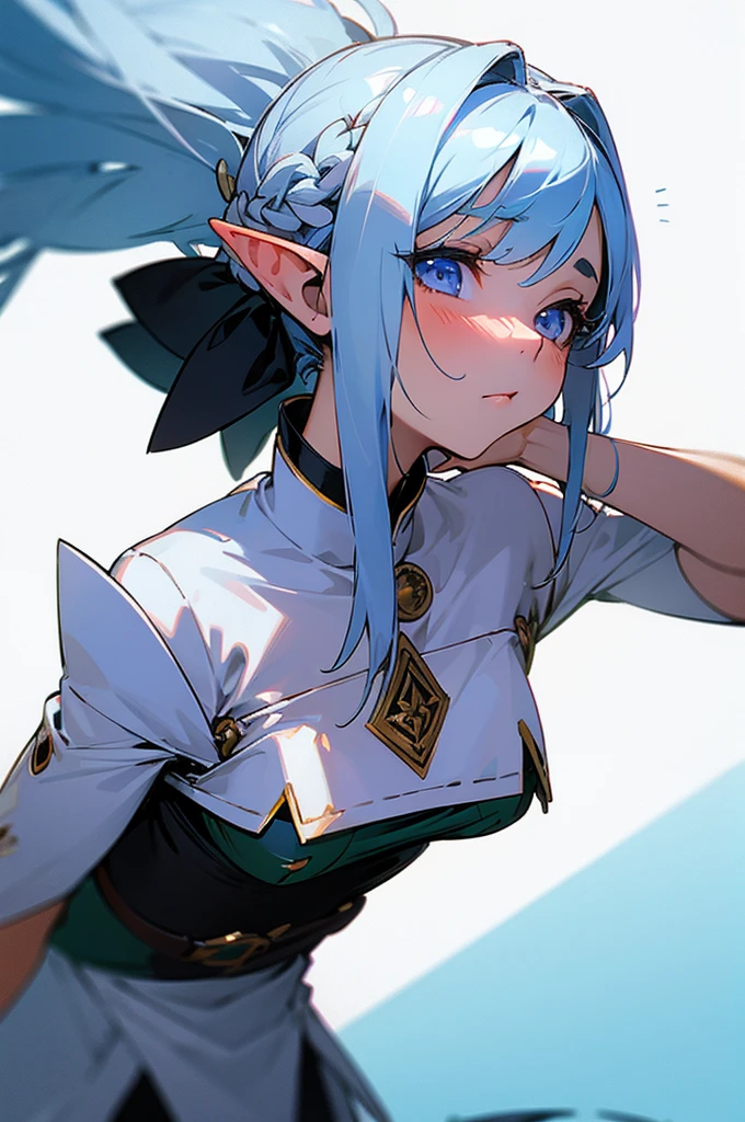 sexy elf girl looking embarrassed and shy, plain white background