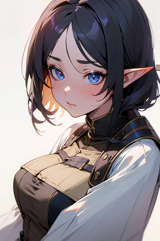 sexy elf girl looking embarrassed and shy, plain white background