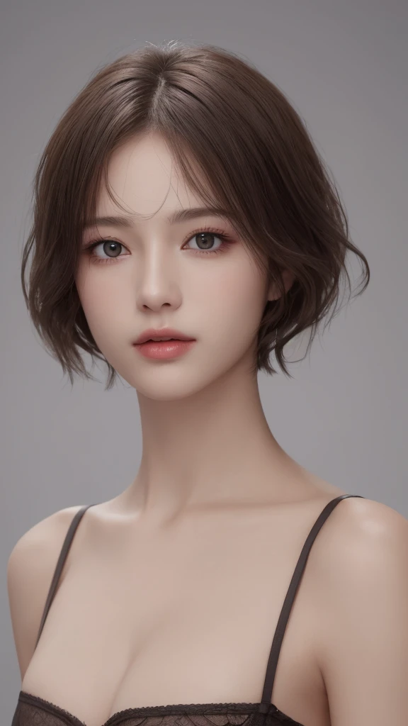 (Representative works:1.3)、(8k、photorealistic、RAW photo、Highest image quality:1.4)、超High definition、Super realistic、High definition、(30 year old mature woman)、small face、beautiful face、(realistic face)、no makeup、natural makeup、Light makeup、 (Dark brown、short hair:1.3)、Beautiful eyes in every detail、 (Photorealistic skin)、beautiful skin、bust B cup、 small breasts、、超High definition、Super realistic、High definition、cool beauty、、gray background、