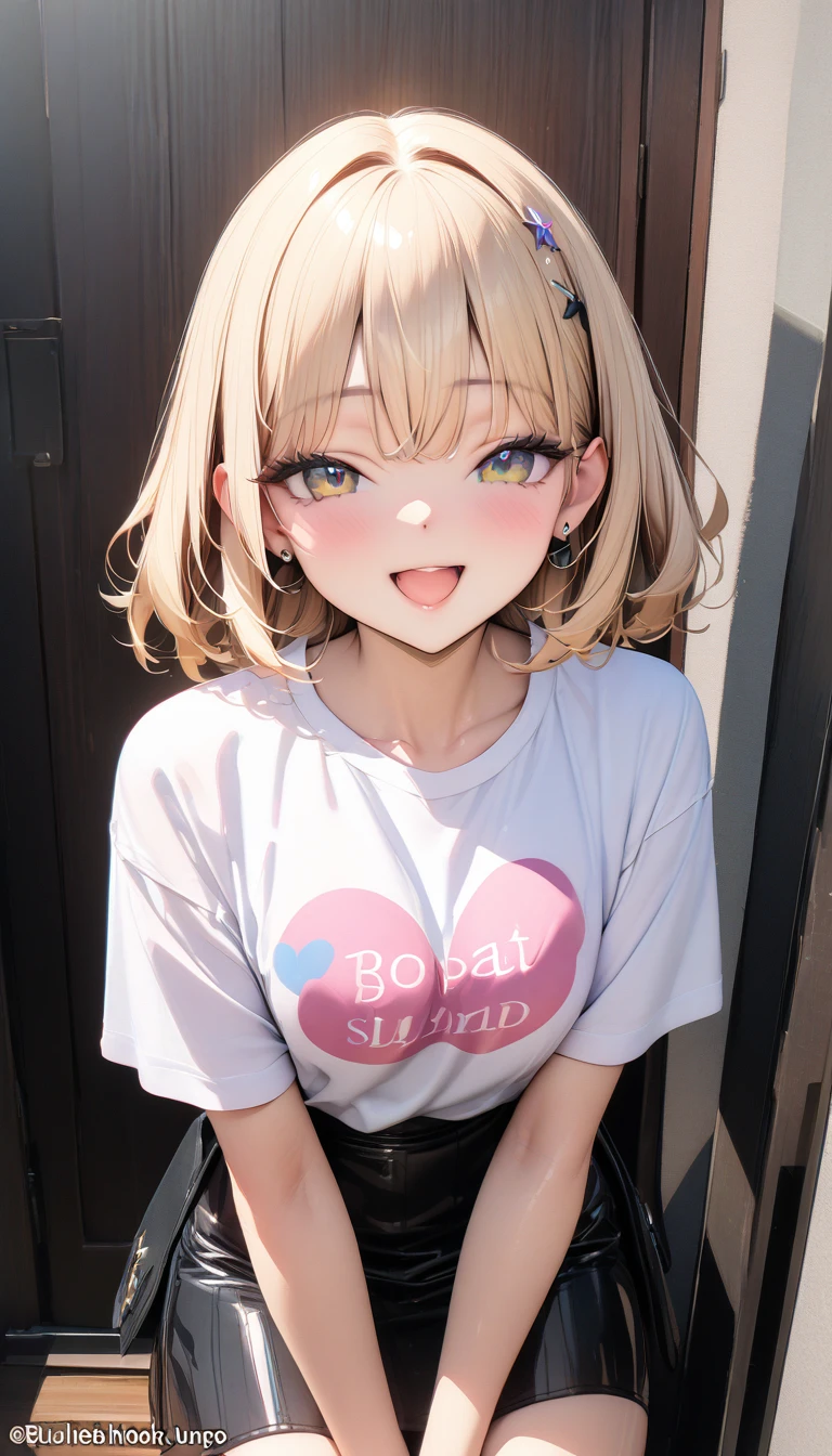 ((最high quality, 8k, masterpiece)), High resolution、(high quality: 1.5)、Very detailed、Detailed face、Bright colors、Natural light、Fine grain、Colorful eyes、Beautiful Face、非常にDetailed faceのテクスチャの女性,masterpiece, 最high quality, Detailed and beautiful eyes,最high quality、Best image quality、masterpiece,girl,smile,grin,(Brat),Blonde,Cute clothes,Printed shirt,skirt,Just beautiful,masterpiece,(laugh at),最high quality、so beautiful,High resolution,1girl, solo,(masterpiece:1.2)、(最high quality:1.2)、Latest Glossy Skin
