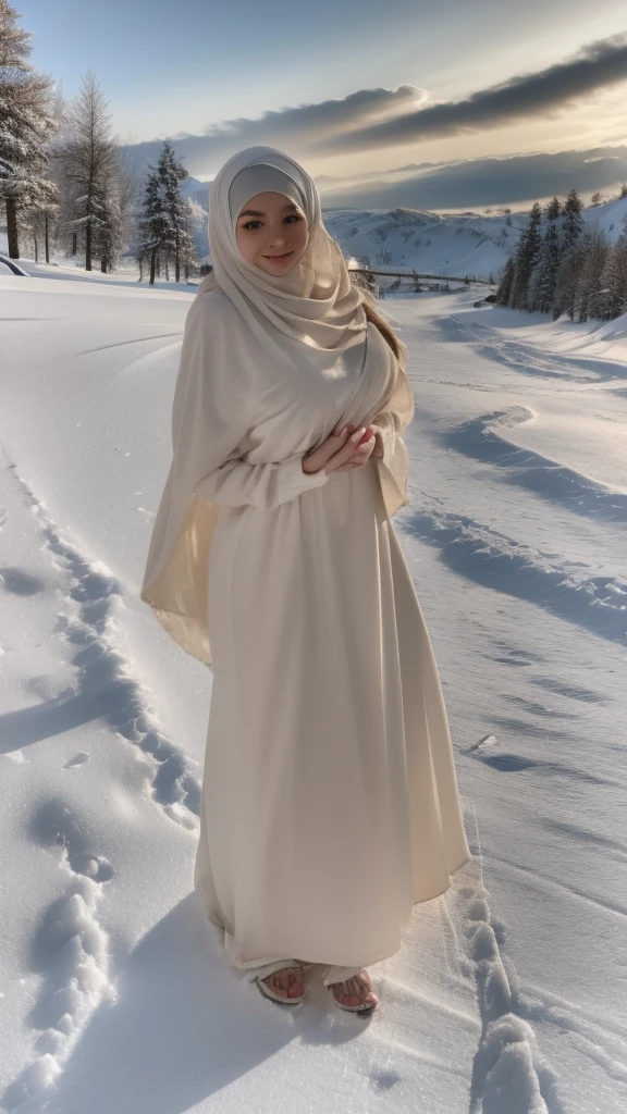 a beautiful girl wearing a hijab, a warm sweater, walking in the snow, detailed realistic face, photorealistic, 8k, highly detailed, masterpiece, snow covered landscape, winter scenery, detailed textures, warm lighting, glowing skin, flowing hair, serene expression