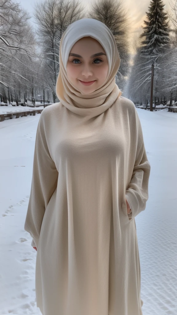 a beautiful girl wearing a hijab, a warm sweater, walking in the snow, detailed realistic face, photorealistic, 8k, highly detailed, masterpiece, snow covered landscape, winter scenery, detailed textures, warm lighting, glowing skin, flowing hair, serene expression