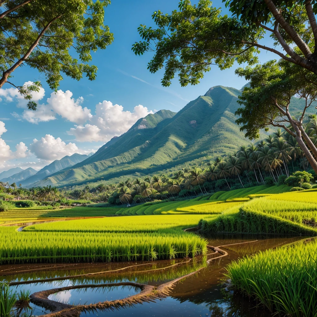 Rice field, trees, mountain, beautiful scenery, clear skies, coconut trees,
