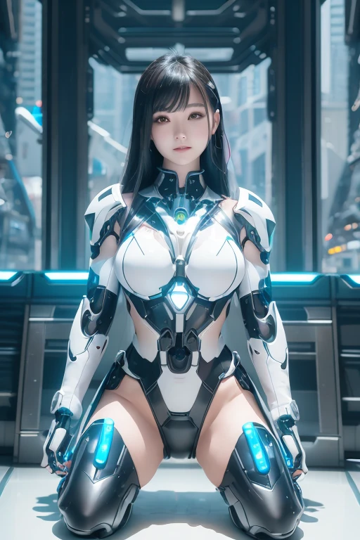 Woman in a futuristic suit standing in a futuristic city, Girl wearing mecha cyber armor, (Mechanized Valkyrie Girl), (Beautiful cyborg angel girl), Cyberpunk Girl Mecha, Unreal Engine Rendering + goddess, Cyberpunk Girl, Beautiful Caucasian girl cyborg、Medium chest、smile、(kneeling)