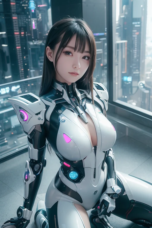 Woman in a futuristic suit standing in a futuristic city, Girl wearing mecha cyber armor, (Mechanized Valkyrie Girl), (Beautiful cyborg angel girl), Cyberpunk Girl Mecha, Unreal Engine Rendering + goddess, Cyberpunk Girl, Beautiful Caucasian girl cyborg、Medium chest、smile、(kneeling)