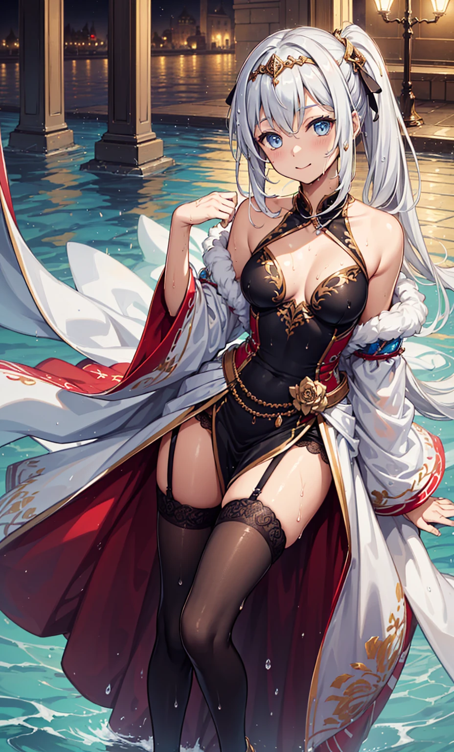 Top quality，Optimal resolution，(Wet princess dress），Very detailed, She has a pair of white double ponytails，Young women，charm，Design intricate clothes，blue eyes，Illusion Cloud Light Heaven，Elegant and charming，((Wet people，Foggy，water))，Leg ring，Anklet，night，Small lighting，charm的姿势，Well-designed clothing，Beautifully decorated，出water芙蓉，Garter stockings