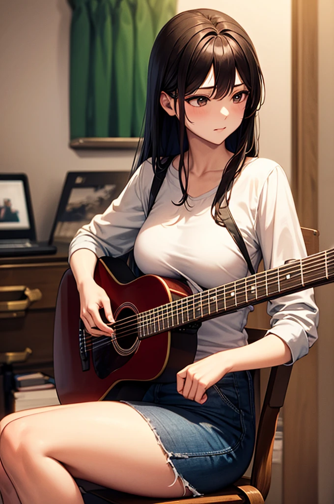 Studio room with cute asian sexy woman with guitar sitting on chair writing song/Melancholic tone / bust