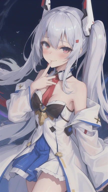 ayanami_azur_lane,1girl,headgear,cowboy shot,dragon costume,revealing,((head slated)),one finger points to mouth,blush,cheeky light smile,winking,very detailed and sharp, vibrant colors