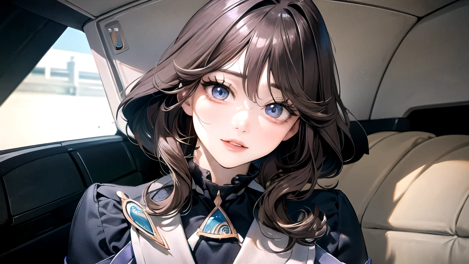 One beautiful woman。Dark brown hair。Beautiful double eyelids。Straight nose。Well-shaped lips。She is looking defiantly at the camera。She is dressed contemporaneously。She is sitting in the cockpit of a small spaceship。Masterpiece。