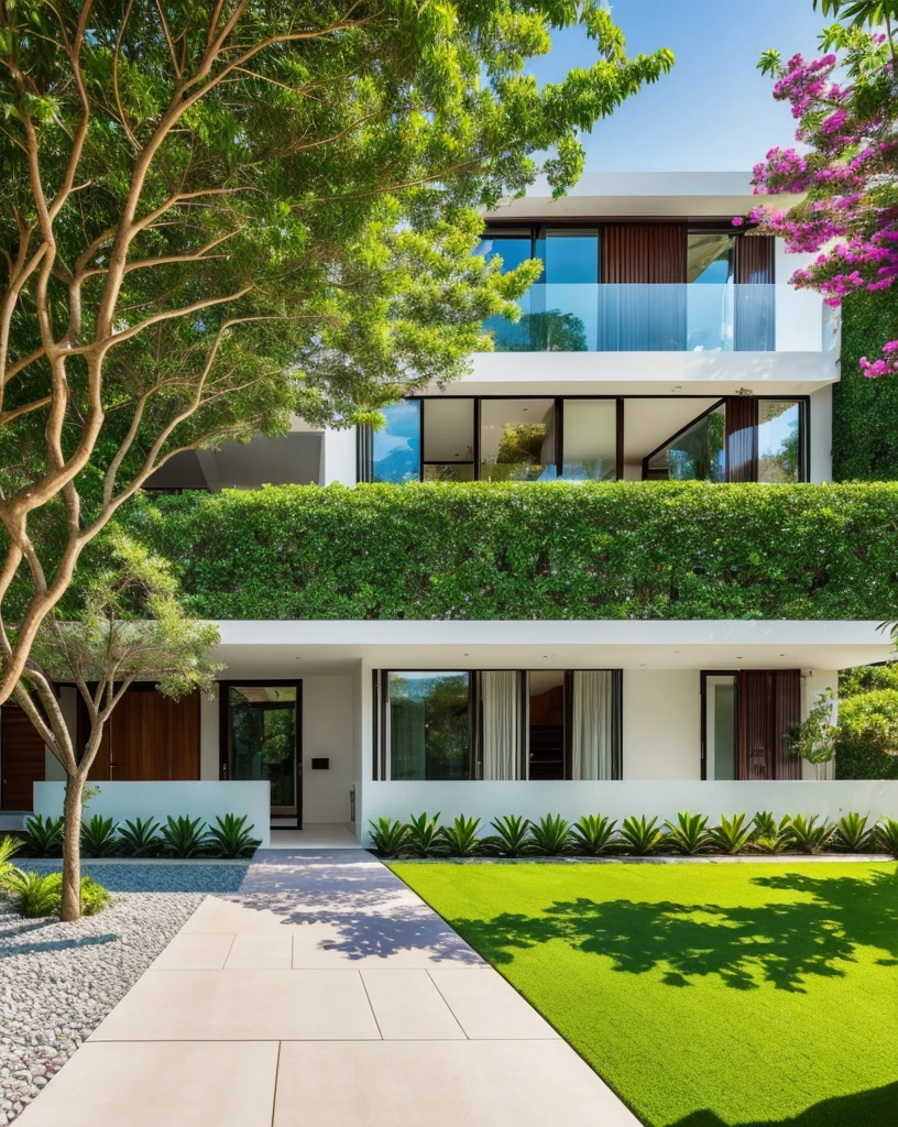 the exquisite beauty of modern style house with nature, realistic, professional, vivid colors, soft lighting, landscapes, detailed trees, colorful garden, beach, gentle breeze, vibrant hues, natural tranquility, lush greenery, yard