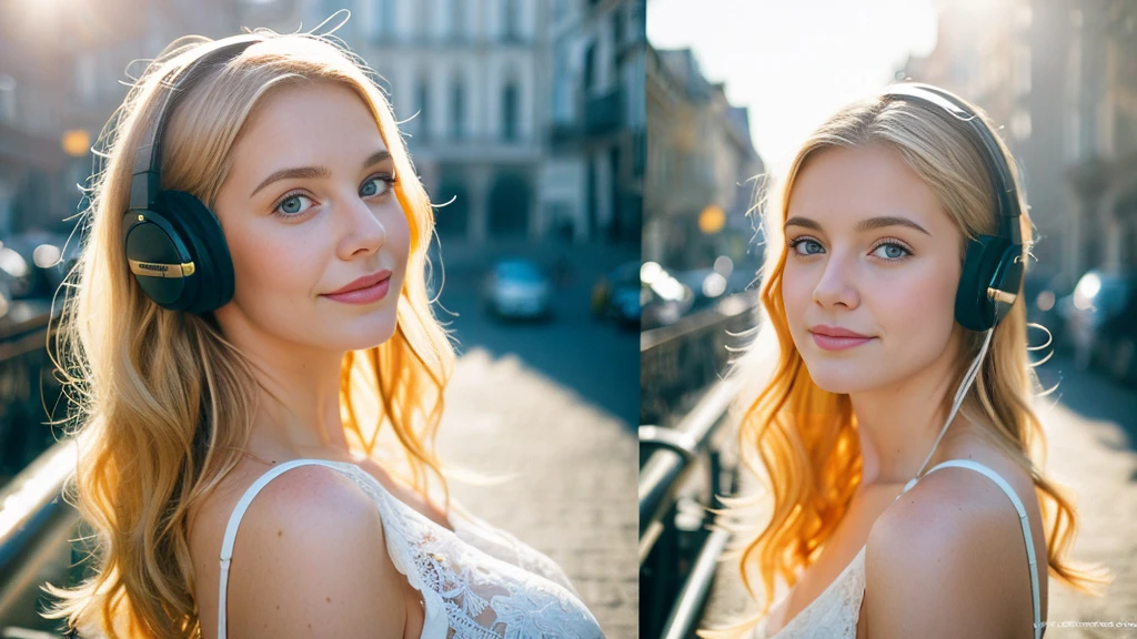 Beautiful blonde with big breasts in a white dress (Beautiful European city in the morning sun),Wearing headphones,Very detailed, 21 years old, Innocent face, Naturally Wavy Hair, blue eyes, High resolution, masterpiece, Highest quality, Intricate details, Very detailed, Clear focus, Delicate skin, practical skin texture, texture, Delicate eyes, Professional, 4K, Cute Smile, Shot with Canon, 85mm, Shallow and deep, Kodak Vision Color, Exactly, Very detailed, photograph_\(Extremist\), photographpractical, practical, Post-processing, Maximum details, Roughness, Real Life, Extremist practical, Photorealism, photographgraphy, 8K Ultra HD, photographgraphy