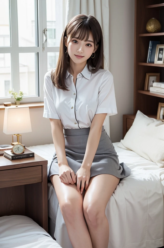 (Highest quality、masterpiece:1.9)、((Neat and clean female college student、1 person))、Soft lighting by a professional photographer、Natural light、((Very spacious white luxurious room:1.6))、((Bright white room:1.6))、(Sitting on a very luxurious white bed:1.2)、(White Bookcase:1.1)、Natural soft light、((Brown Hair:1.1))、Fair skin、Detailed Eyes、double eyelid、Slightly puffy cheeks、((Small Face:1.0))、((Checked one-piece shirt、Grey mini skirt、Please wear it with the chest open.:1.2))、(smile)、((Girly pose 1.8))、High resolution,、((Long Hair:1.2))、((Full Body Shot:1.2))、Live-action image quality、((Height: 150cm))、Hands in front、Hide your hands between your legs、Please wear it with the chest open.、Live-action image quality、(No bangs:1.5)、F cup big breasts