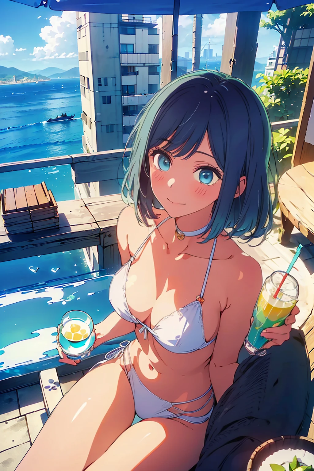 Highest quality,8k,detailed,F cup bust、Big Breasts、Slim and beautiful arms、Slim body、Very white beautiful skin、((((1 person、smile、Swimwear、She is wearing a white side-string high-leg bikini、smile、sit、In the background are the urban buildings of Tokyo、Outdoor café terrace、Drink juice、Cheek resting on hand、coastal、table、looking at the camera、Very cute face、Looking up、Shooting from a distance、Shot from above、Navy hair color))))、Sexy pose、Very blue sky、A completely cloudless sky、She tilted her head slightly、The atmosphere is bright and lively、The woman is at the center of the image。