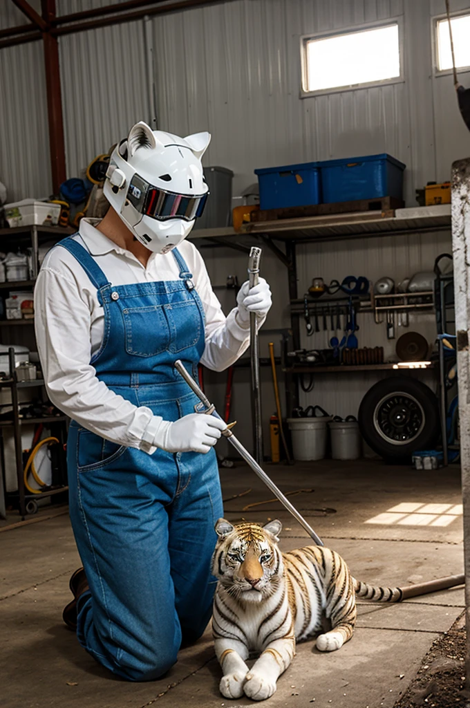 a big white cat wears welding mask is welding steel  tiger doll in garage,sparking