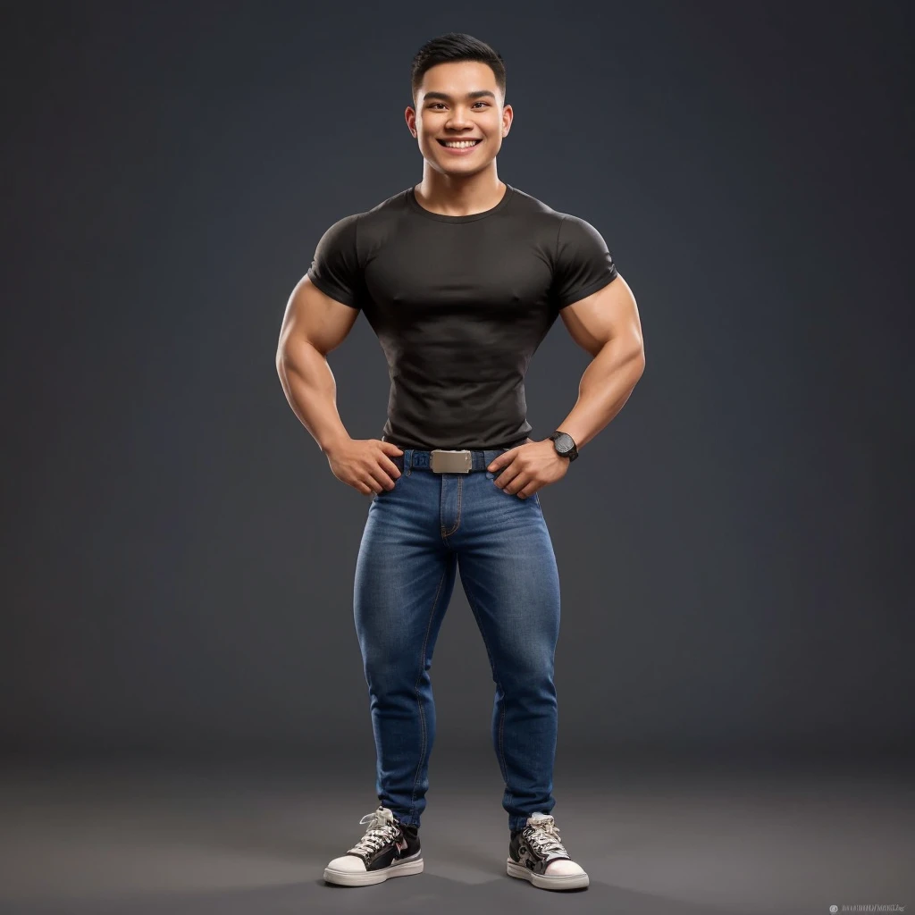 Hyperrealistic 3D Cartoon style character with big head and full body. 20 year old Indonesian man, ideal body, muscular, short black hair, army cut, wearing a black t-shirt. blue denim pants. smiling at the camera with hands in ready position, gray background. Use soft photography lighting. Hair lighting, top lighting, side lighting, high quality photos, UHD, 16K
