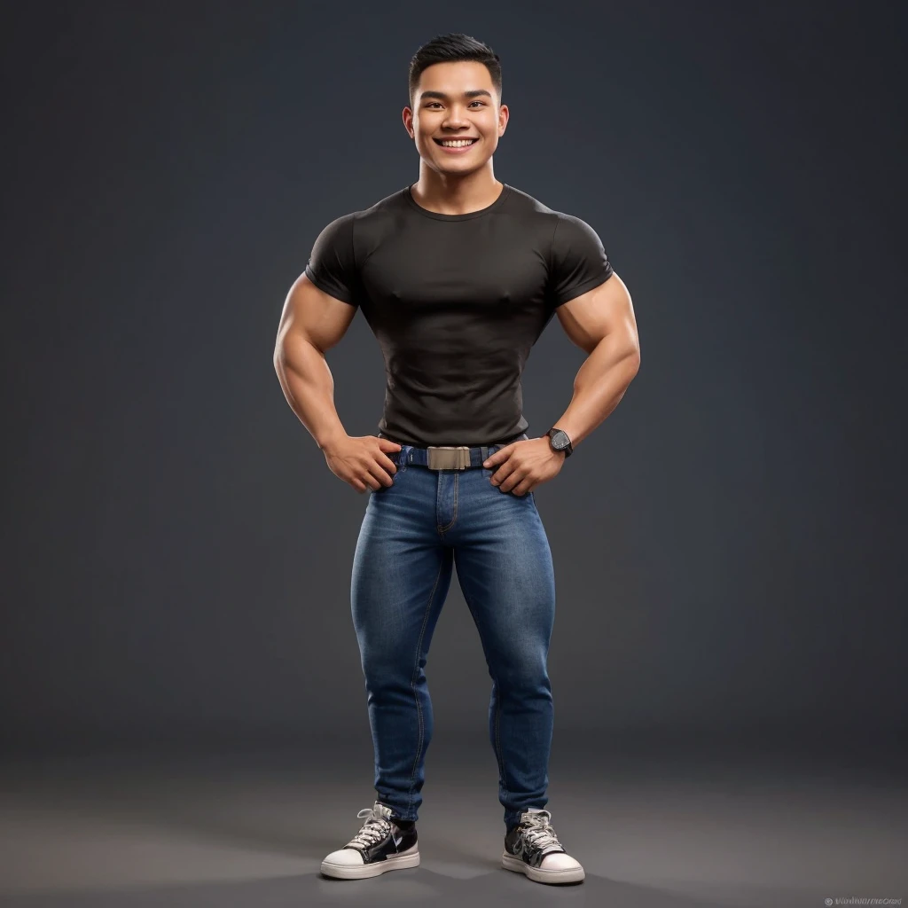 Hyperrealistic 3D Cartoon style character with big head and full body. 20 year old Indonesian man, ideal body, muscular, short black hair, army cut, wearing a black t-shirt. blue denim pants. smiling at the camera with hands in ready position, gray background. Use soft photography lighting. Hair lighting, top lighting, side lighting, high quality photos, UHD, 16K