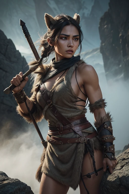 a fierce female warrior from the stone age, extremely detailed face with beautiful eyes, long eyelashes, full lips, sharp features, wearing primitive animal skin clothing, holding a stone club weapon, standing in a rugged rocky landscape, dynamic action pose, mist and fog effects, dramatic lighting, cinematic composition, vibrant color palette, 8k, photorealistic, hyper detailed