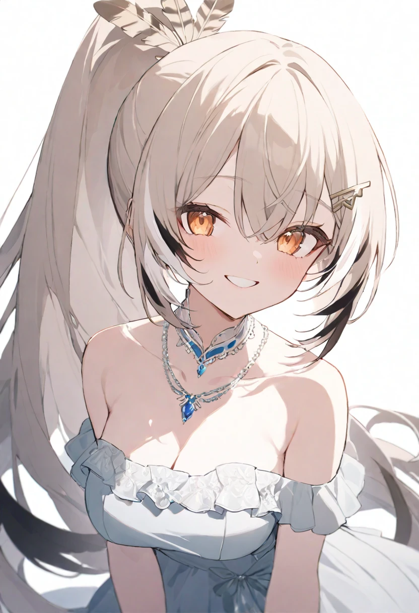 (masterpiece), (best quality), perfect face, beautiful girl, white background background, delicate and beautiful face and eyes, dark intense shadow, 
1 girl, vtuber style, cool girl, hololive, mumei, ponytail, very long hair, feather hair ornament, hairclip, Gorgeous evening dress Ruffles dress, lace, necklace, big chest, cropped shoulders, clavicle, winking, smile, bare feet, chest visible through clothes, ass visible through thighs, (full body), looking at viewer, standing, 