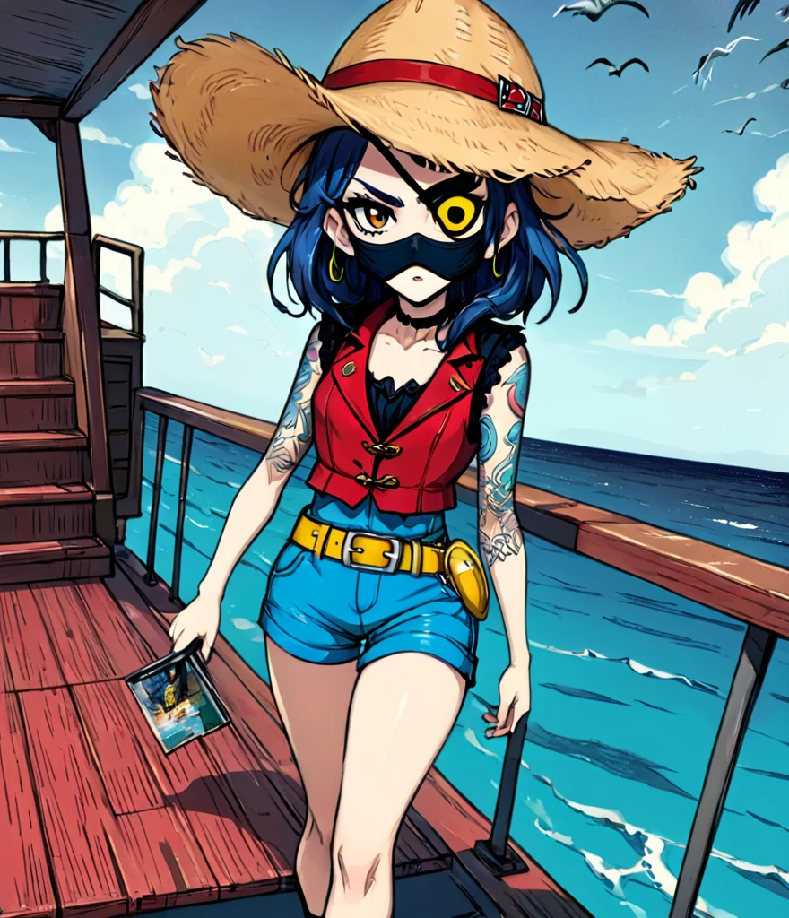 (whole body:1.3), 1 female captain, Wearing a straw hat, Black eye mask, Rich expression, gloomy, Gothic horror, illustration, Red vest, Blue shorts, Yellow belt, Black sandals, Strange, exaggerated, Caribbean Sea in the background，Boat deck，Dark theme elements, Pencil Sketch