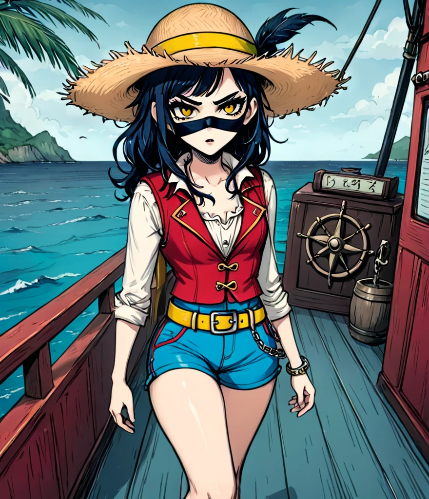 (whole body:1.3), 1 female captain, Wearing a straw hat, Black eye mask, Rich expression, gloomy, Gothic horror, illustration, Red vest, Blue shorts, Yellow belt, Black sandals, Strange, exaggerated, Caribbean Sea in the background，Boat deck，Dark theme elements, Pencil Sketch