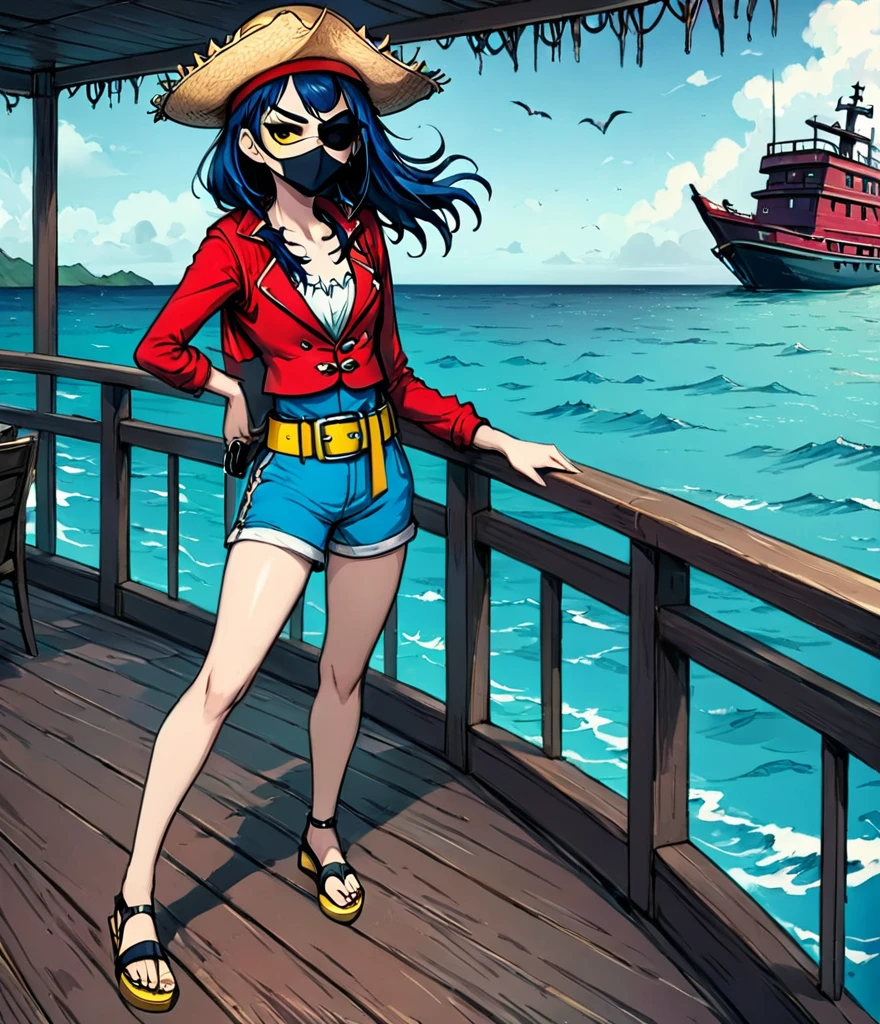 (whole body:1.3), 1 female captain, Wearing a straw hat, Black eye mask, Rich expression, gloomy, Gothic horror, illustration, Red vest, Blue shorts, Yellow belt, Black sandals, Strange, exaggerated, Caribbean Sea in the background，Boat deck，Dark theme elements, Pencil Sketch