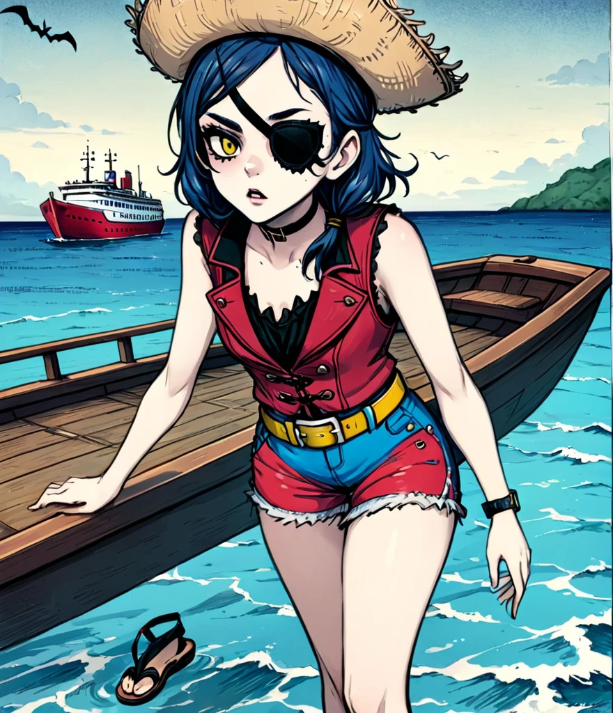 (whole body:1.3), 1 female captain, Wearing a straw hat, Black eye mask, Rich expression, gloomy, Gothic horror, illustration, Red vest, Blue shorts, Yellow belt, Black sandals, Strange, exaggerated, Caribbean Sea in the background，Boat deck，Dark theme elements, Pencil Sketch