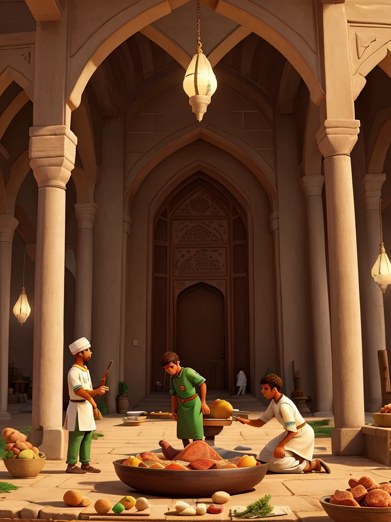 Illustration with nuances of the Eid al-Adha holiday atmosphere with young men in Muslim clothes slaughtering sacrificial animals and mothers and children wearing Muslim clothes cooking sacrificial meat