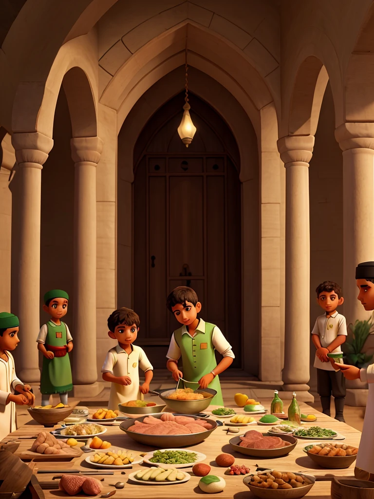 Illustration with nuances of the Eid al-Adha holiday atmosphere with young men in Muslim clothes slaughtering sacrificial animals and mothers and children wearing Muslim clothes cooking sacrificial meat