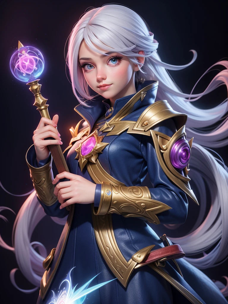 "Realistic young female mage, around 20 years old, wearing cute clothing, with silver hair and colorful highlights, holding a magic book, in a fantasy background."